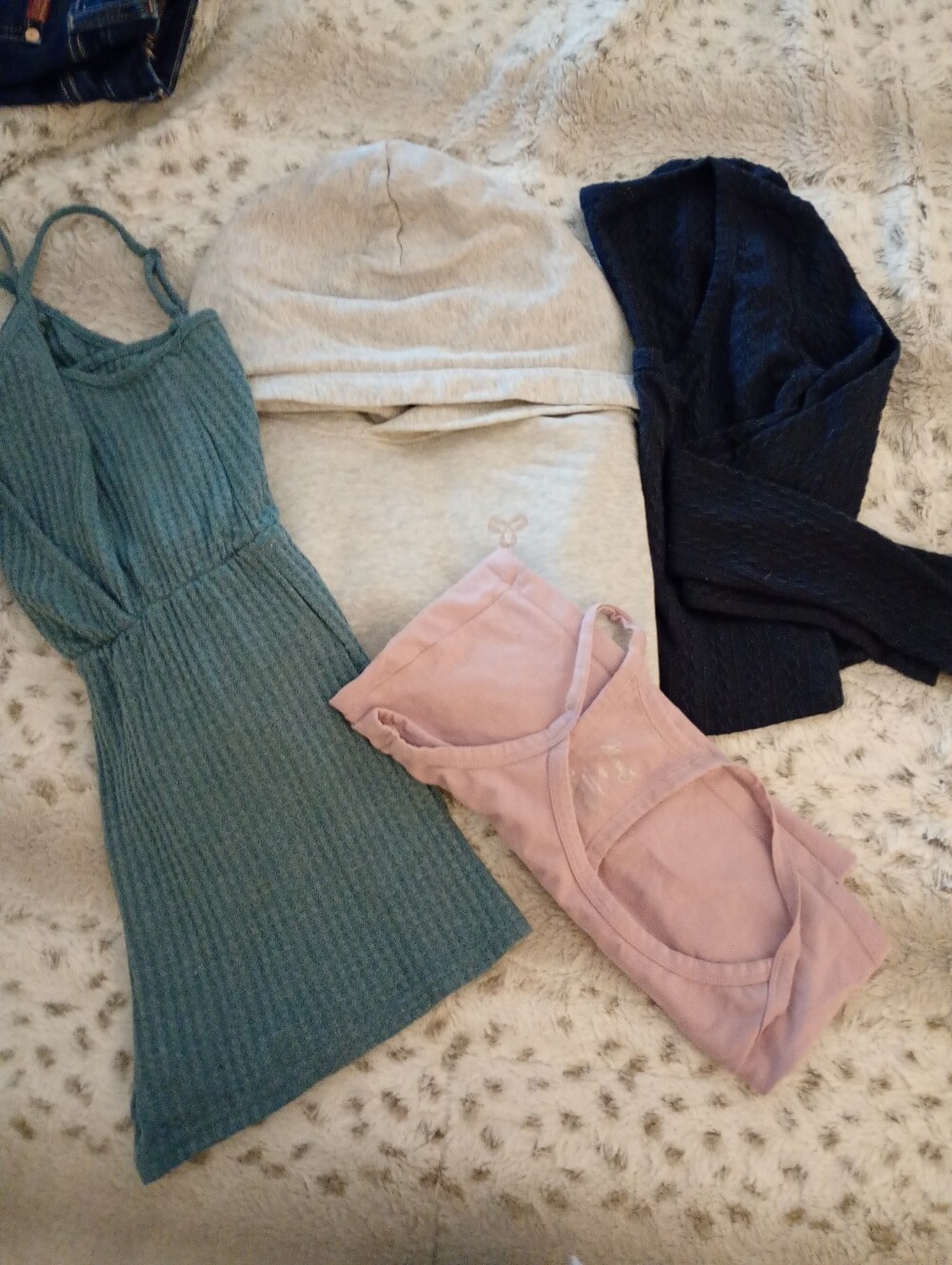XXS 4 Piece Bundle~TNA Grey Hoodie/Shein Teal Romper, Navy Top + Mauve Tank